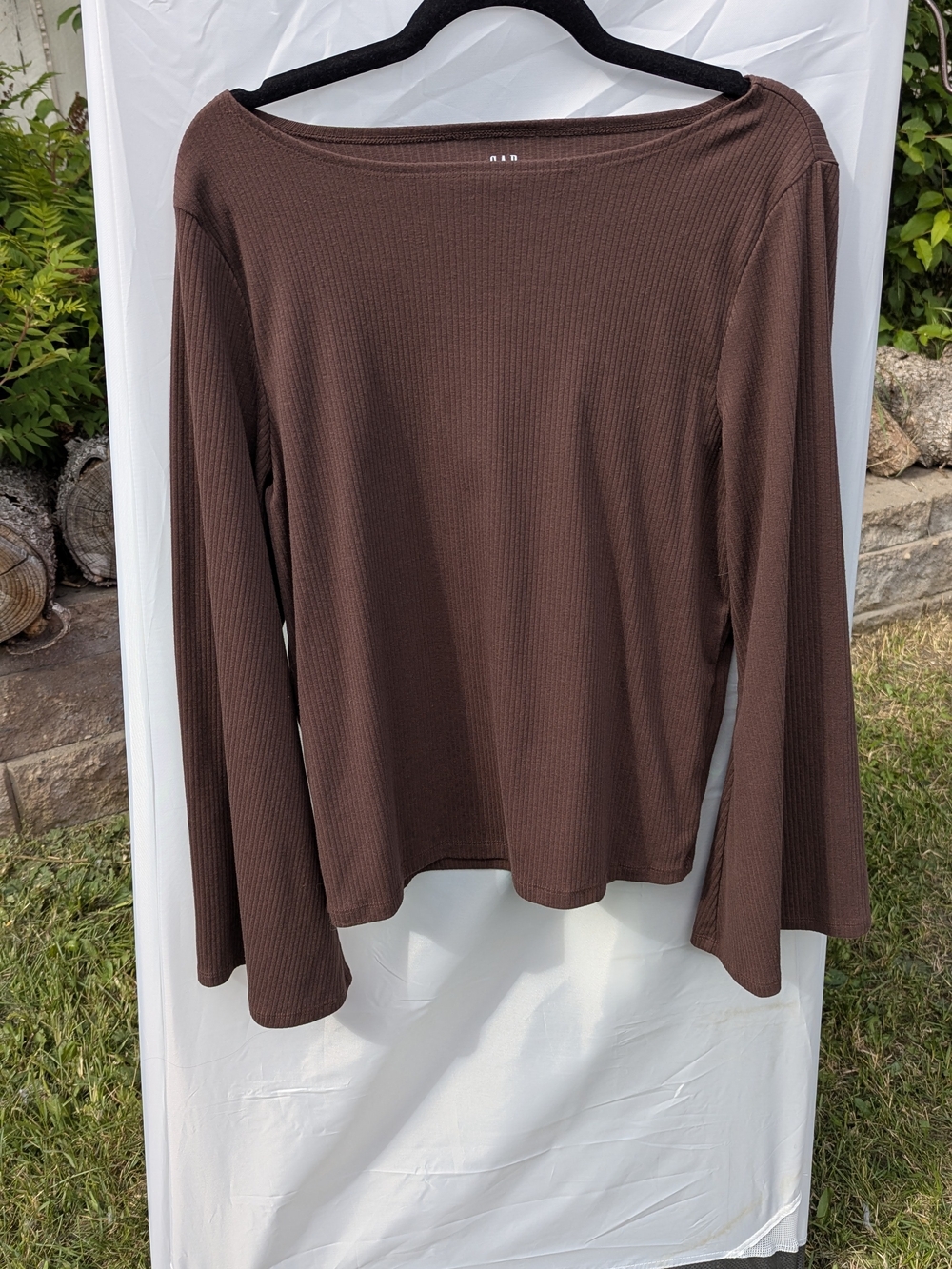 GAP Ribbed Boatneck Top Bell Sleeve Dark Brown Regency Coquette Boho XL